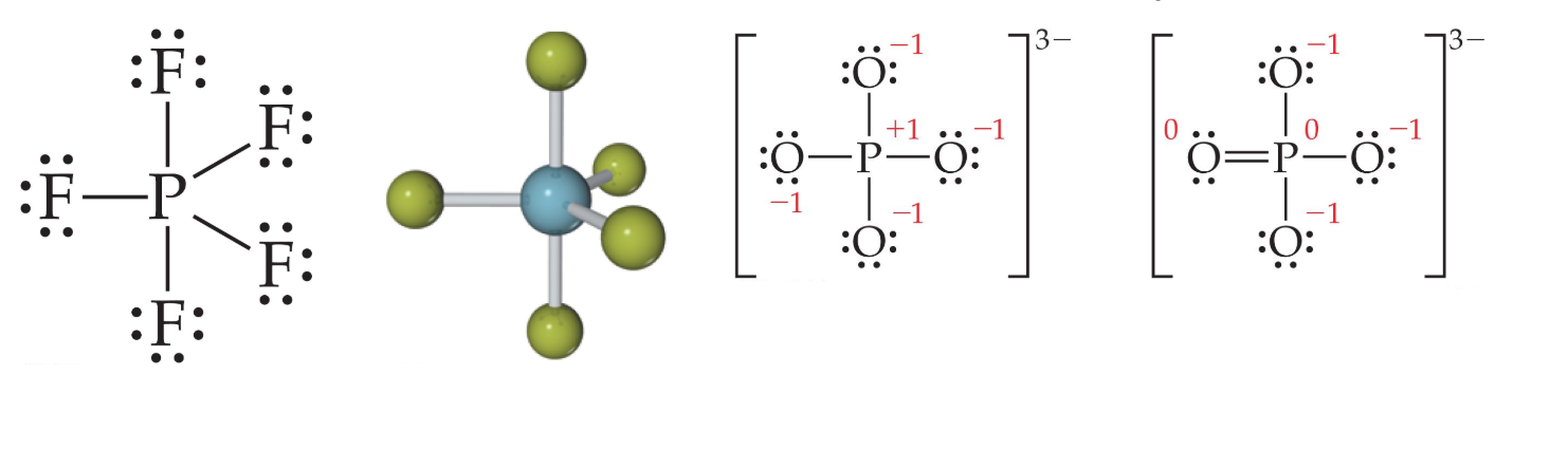 A Lewis structure for phosphorus pentafluoride, where phosphorus has more than eight valence electrons